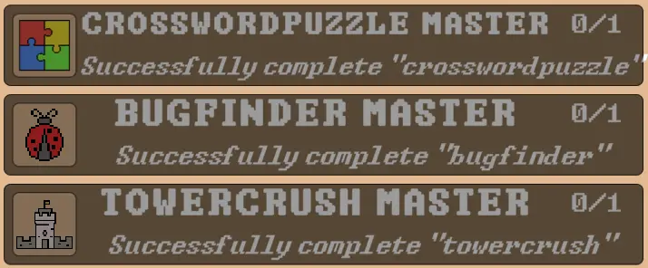 crosswordpuzzle, bugfinder, towercrush